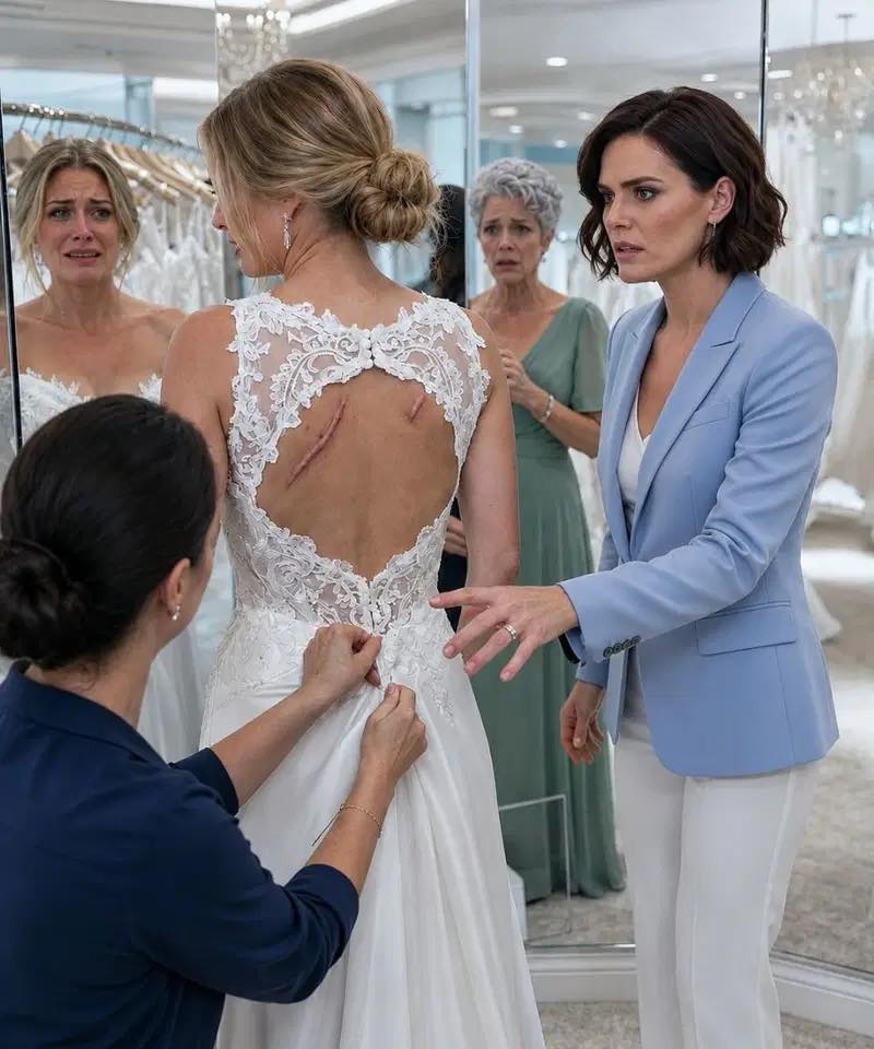 At the bridal shop, I saw fresh dark marks across my sister’s back. She whispered, “If I cancel, his father will ruin us.” I kissed her cheek and said, “Then we won’t cancel.” But by morning, the groom had no idea who was waiting at the aisle.